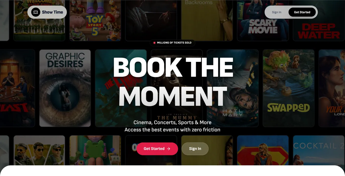 Movie Ticket Booking Application interface showing currently playing films and booking navigation